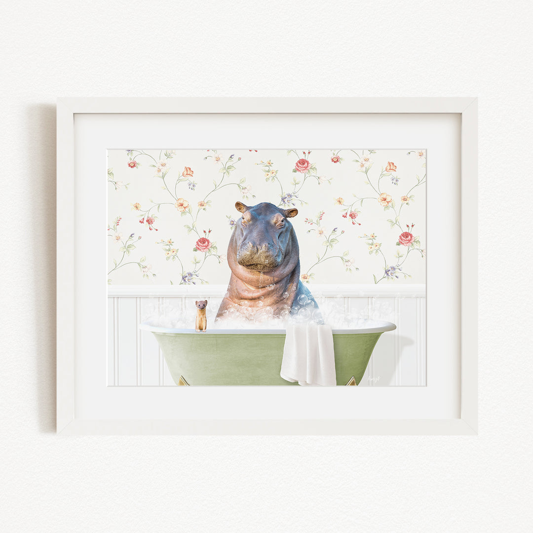 A hippopotamus sitting in a green bathtub, surrounded by a floral patterned wall.