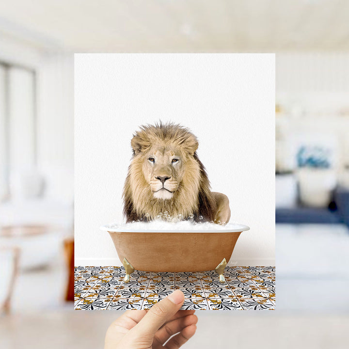 A lion sitting in a bathtub filled with water, surrounded by a patterned tile floor.
