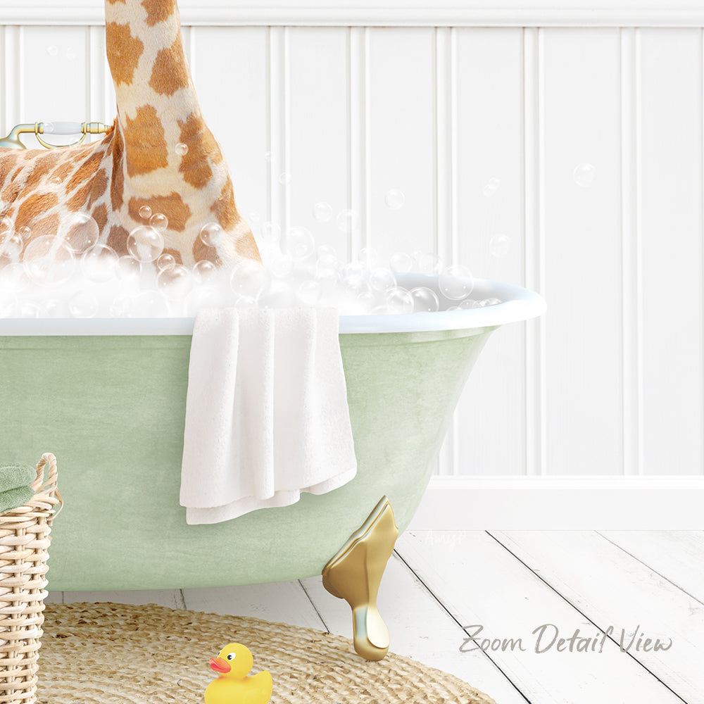 A green clawfoot bathtub filled with bubbles, with a towel and a rubber duck inside.