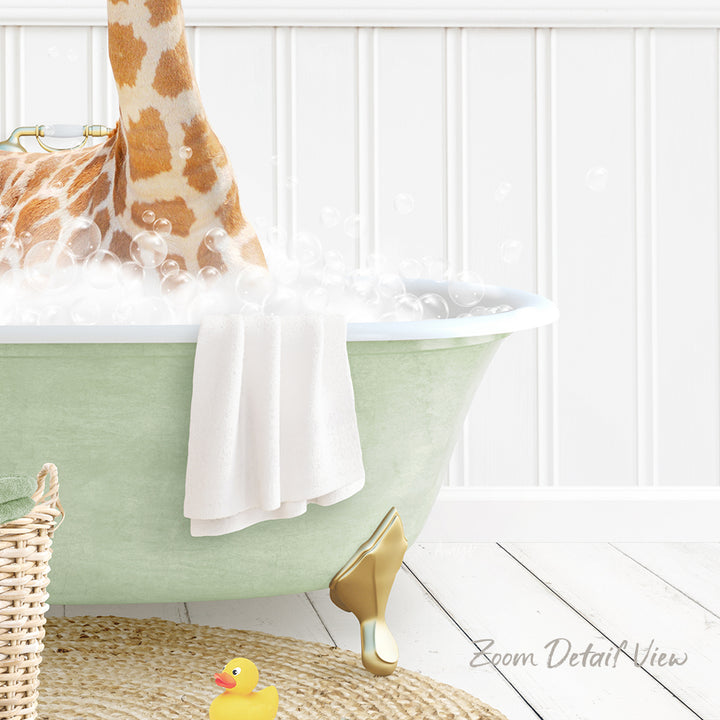 A green clawfoot bathtub filled with bubbles, with a towel and a rubber duck inside.