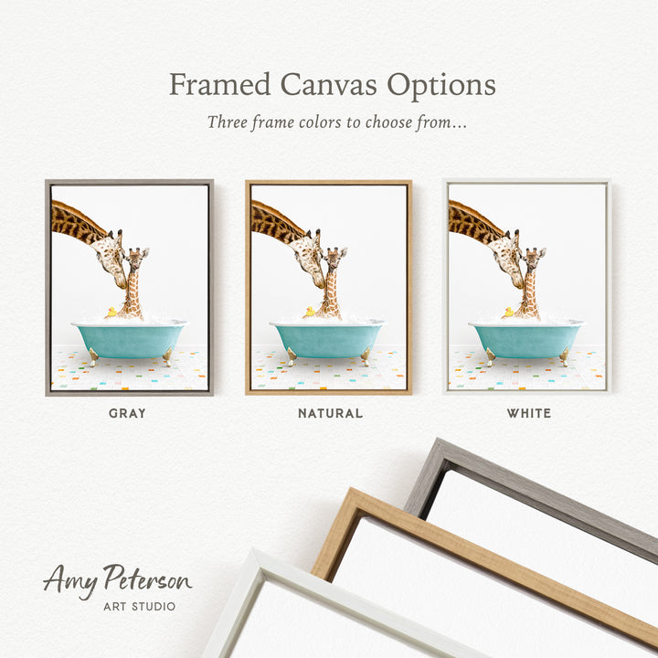 The image is a framed canvas option featuring three different colored frames with a giraffe and a bathtub in each frame.