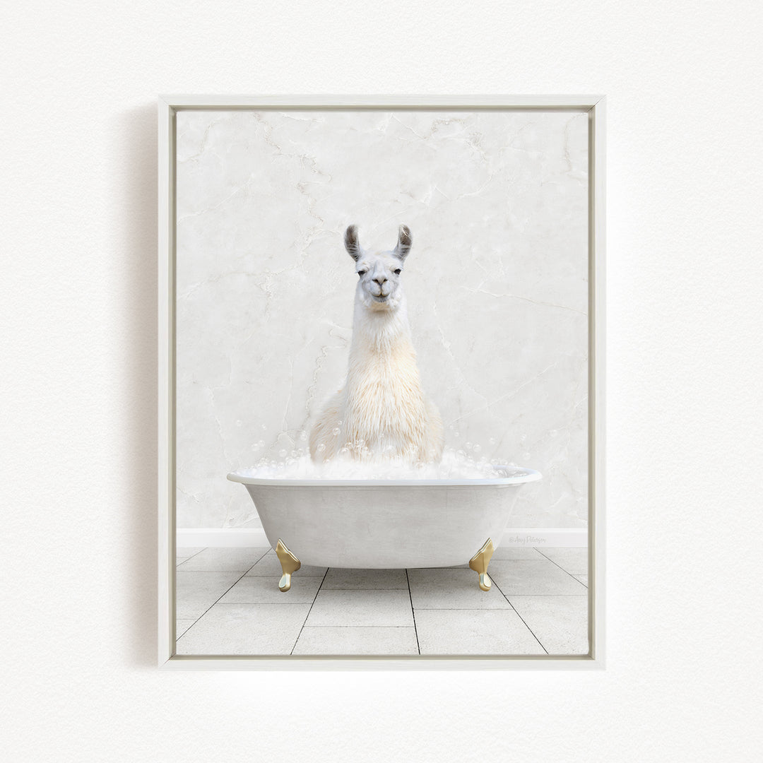 A white llama sitting in a white bathtub filled with bubbles, creating a whimsical and playful scene.