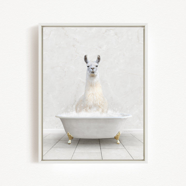 A white llama sitting in a white bathtub filled with bubbles, creating a whimsical and playful scene.