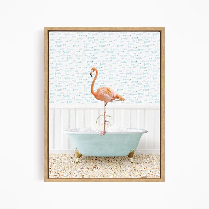 A pink flamingo stands on the edge of a light blue clawfoot bathtub, with a patterned tile floor and a wall with a fish-themed wallpaper behind it.