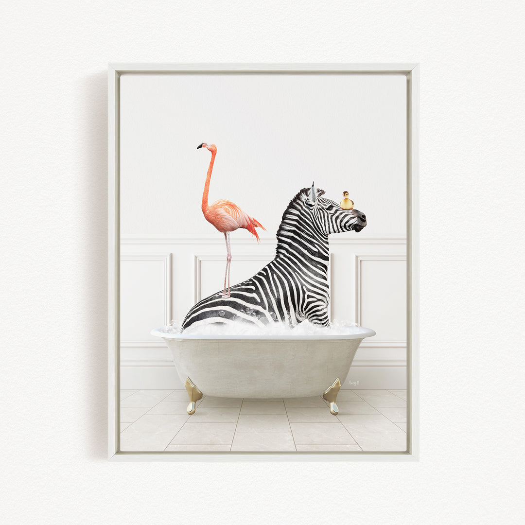 A zebra is sitting in a bathtub filled with water, with a pink flamingo standing on its back and a bird perched on its head.