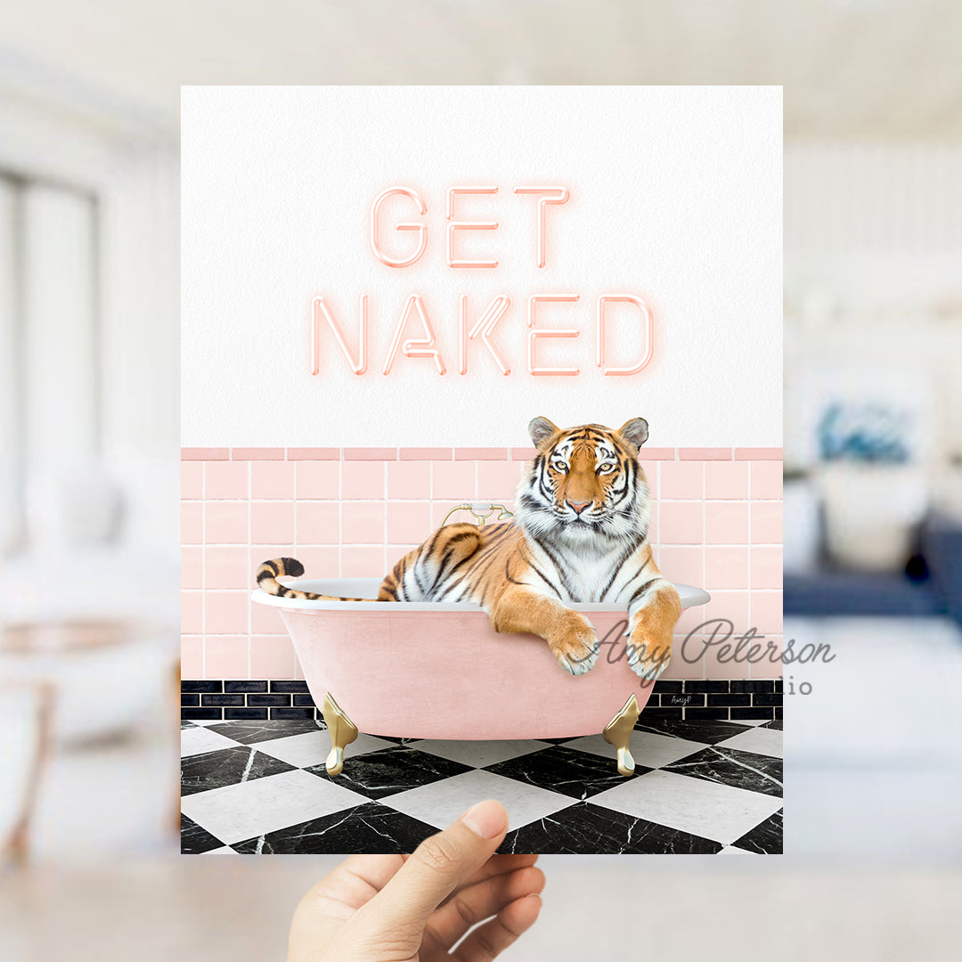 a person holding up a card with a tiger in a bathtub