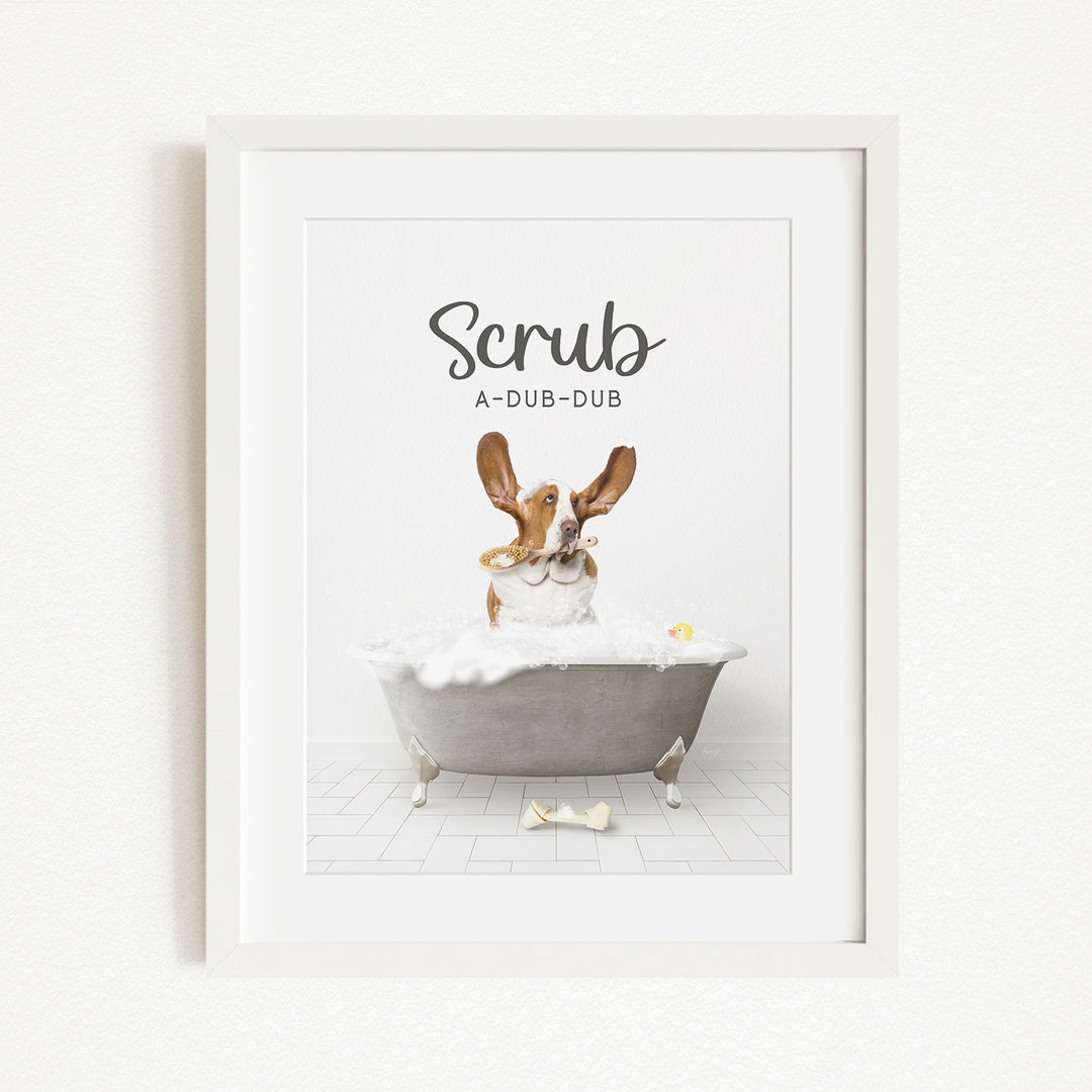 A dog sitting in a bathtub filled with bubbles, with the text "Scrub A-DUB-DUB" above it.