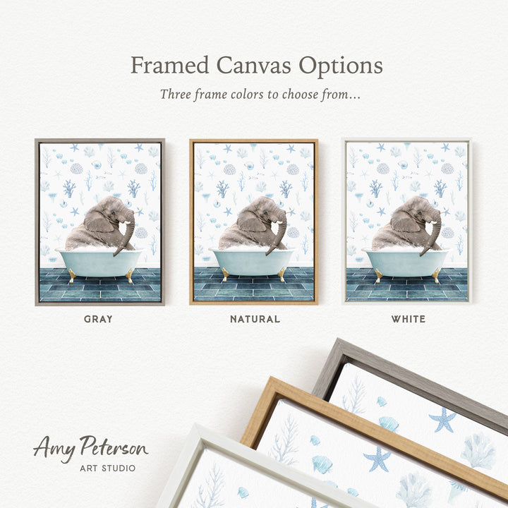The image is a framed canvas option featuring three different colored frames with a picture of a baby elephant sitting in a bathtub.