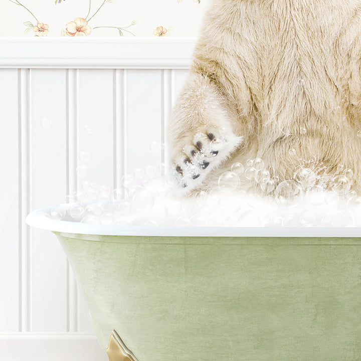 a polar bear sitting in a bathtub full of bubbles