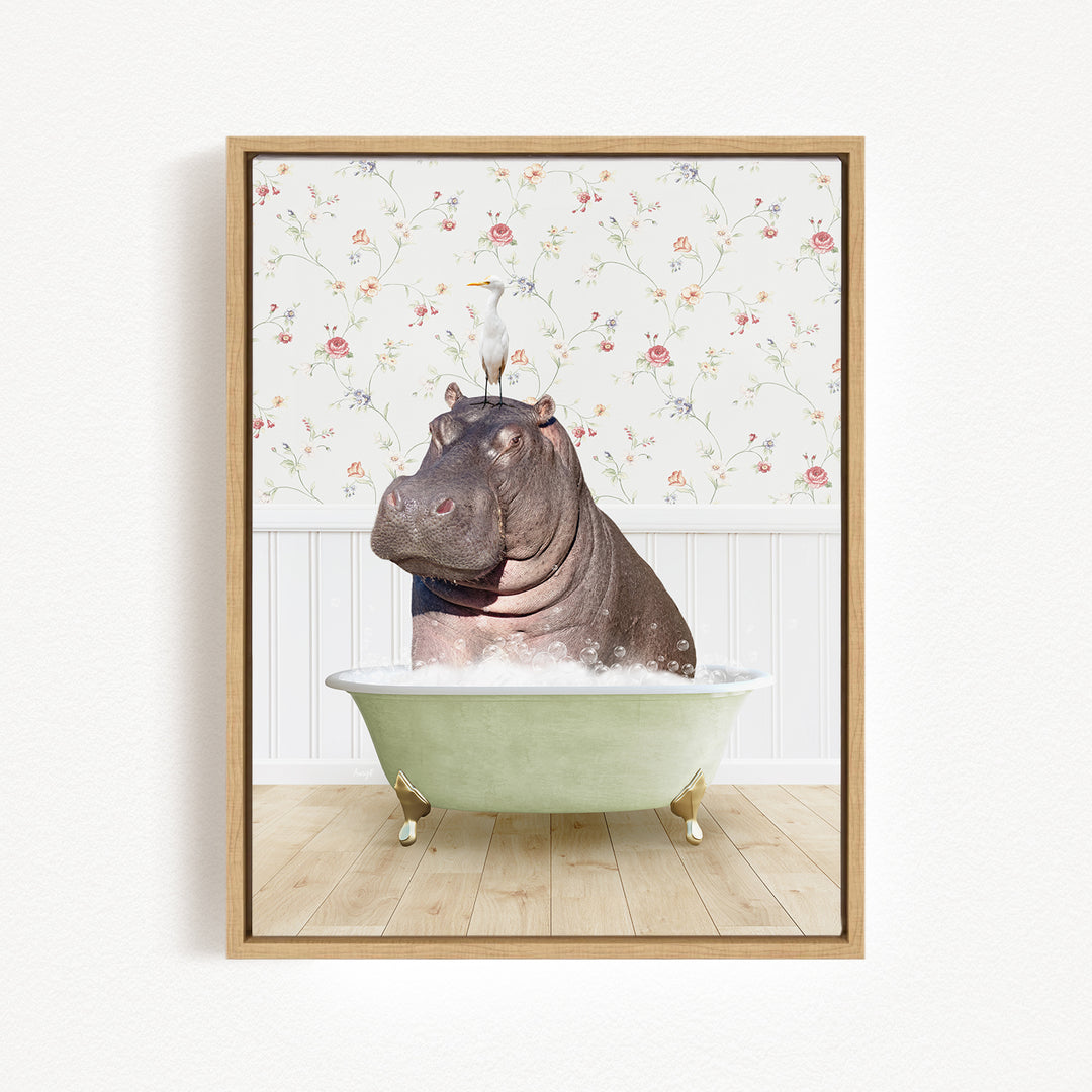 A hippopotamus sitting in a bathtub filled with water, surrounded by a floral wallpaper.