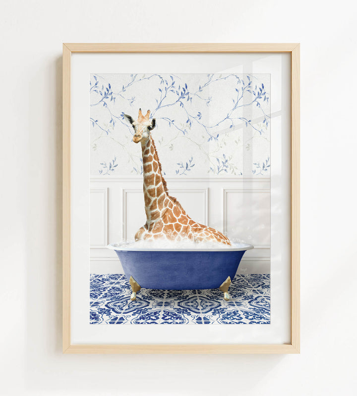 A giraffe sitting in a blue bathtub, surrounded by a patterned tile floor and a white wall with blue floral wallpaper.