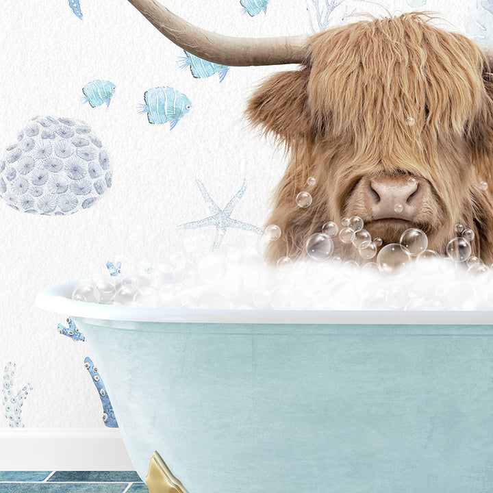 a bull with long horns sitting in a bathtub filled with bubbles