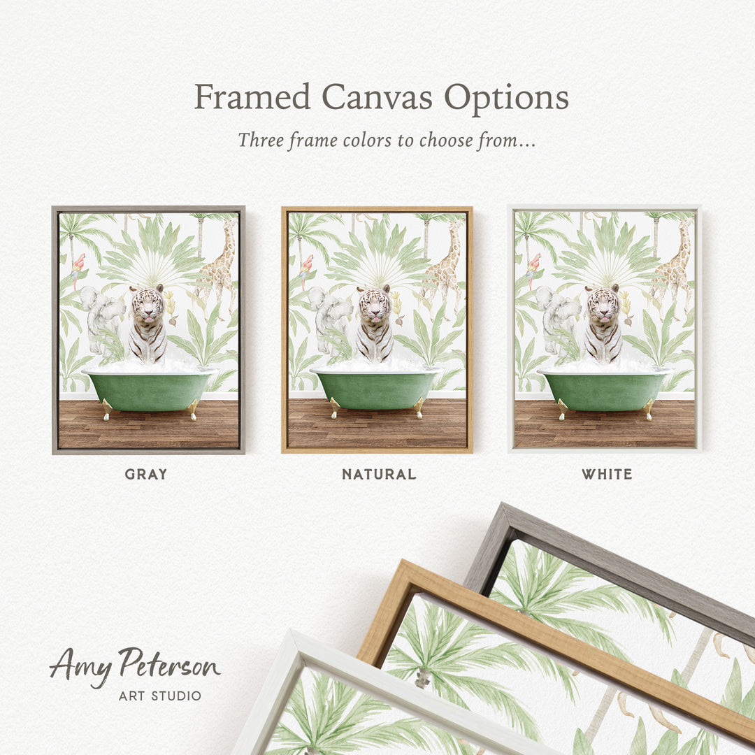 three framed canvas options featuring a tiger in a bathtub, each with a different frame color: gray, natural, and white.