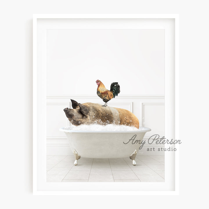 a dog laying in a bathtub with a rooster on top of it