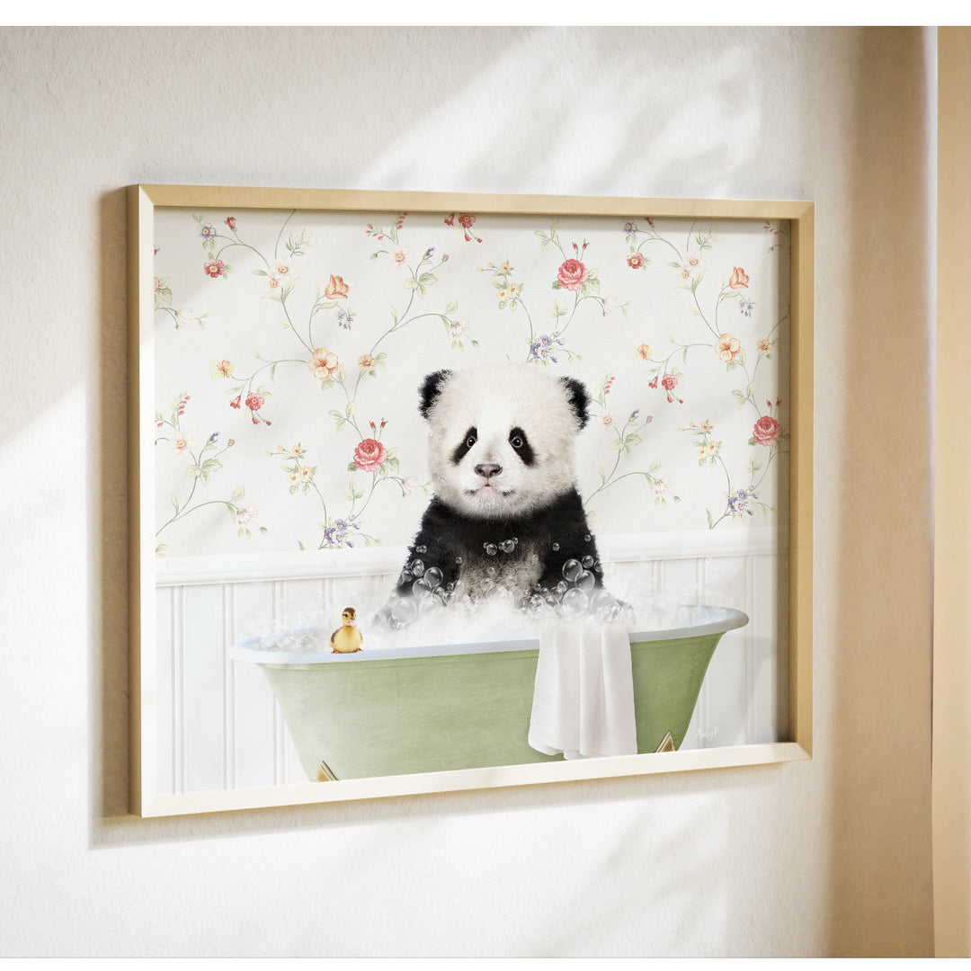 A panda bear sitting in a bathtub filled with bubbles, surrounded by a floral wallpaper.