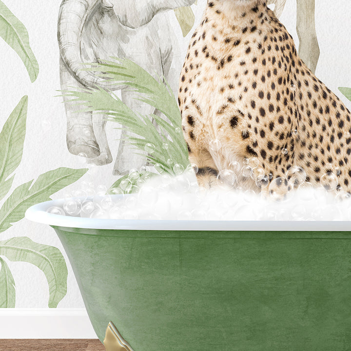 a cheetah sitting in a bathtub with a wallpaper behind it