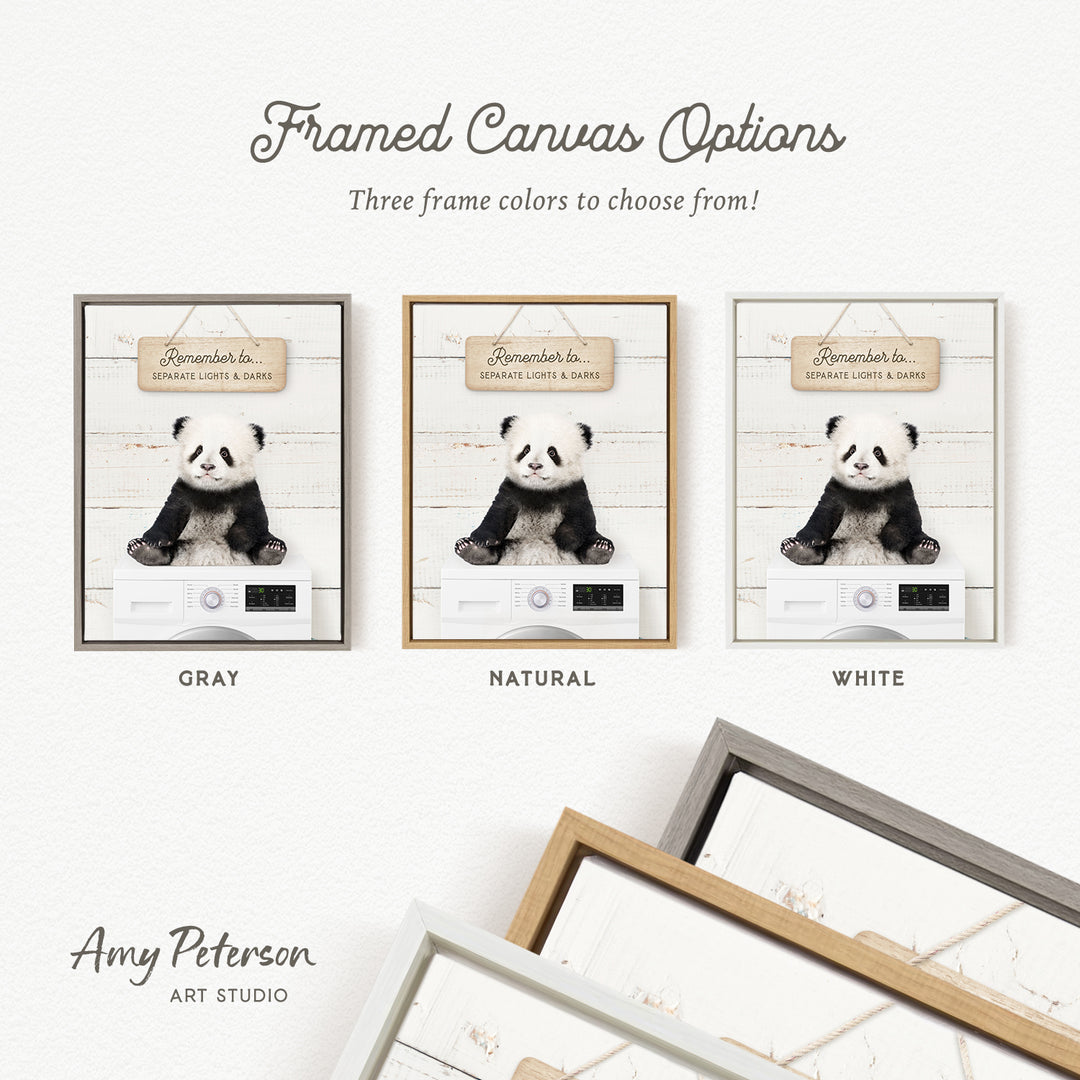 three framed canvas options, each featuring a panda bear in a different frame color. The options include a gray frame, a natural frame, and a white frame.