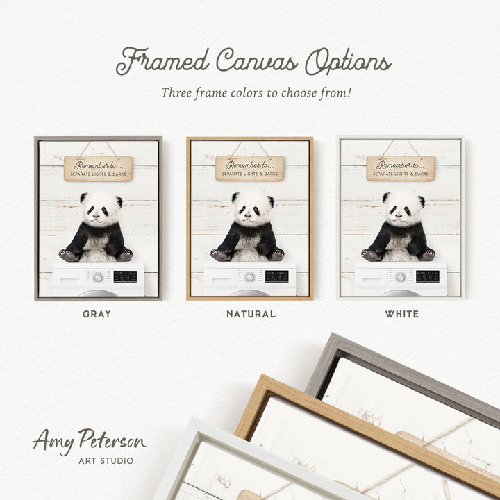 three framed canvas options, each featuring a panda bear in a different frame color. The options include a gray frame, a natural frame, and a white frame.