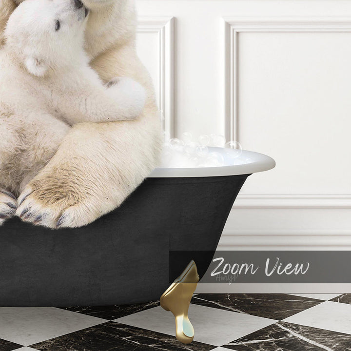 A polar bear sitting in a bathtub, with bubbles surrounding it, and a text overlay that reads "Zoom View".