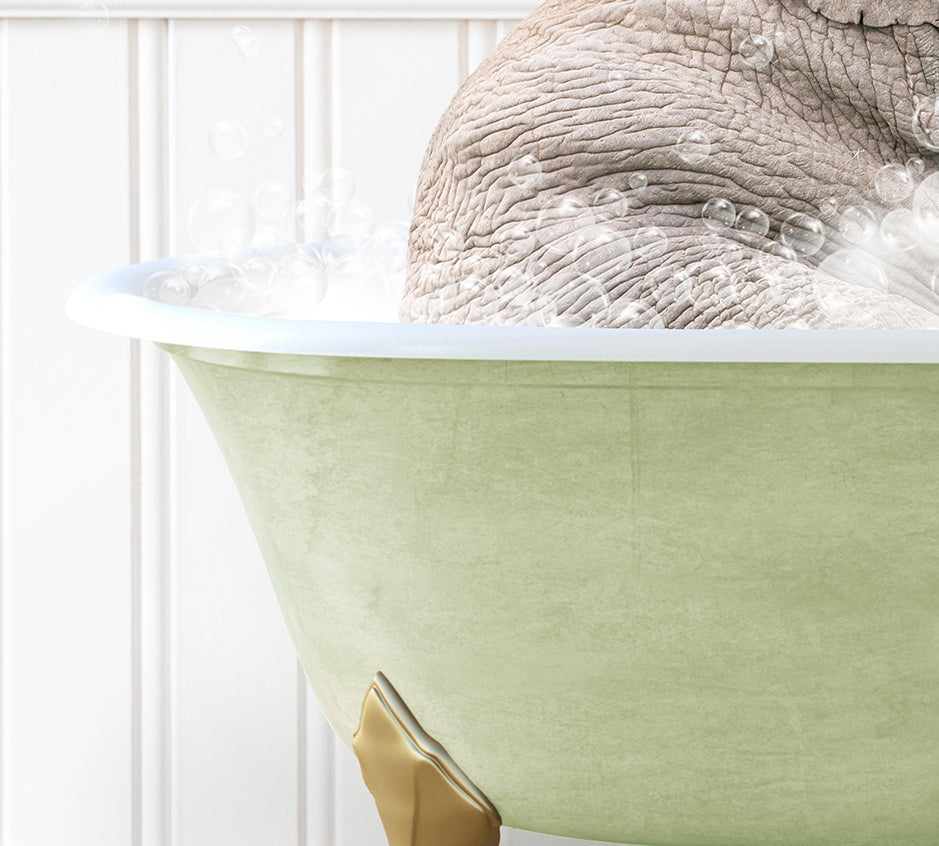 an elephant is taking a bath in a bathtub