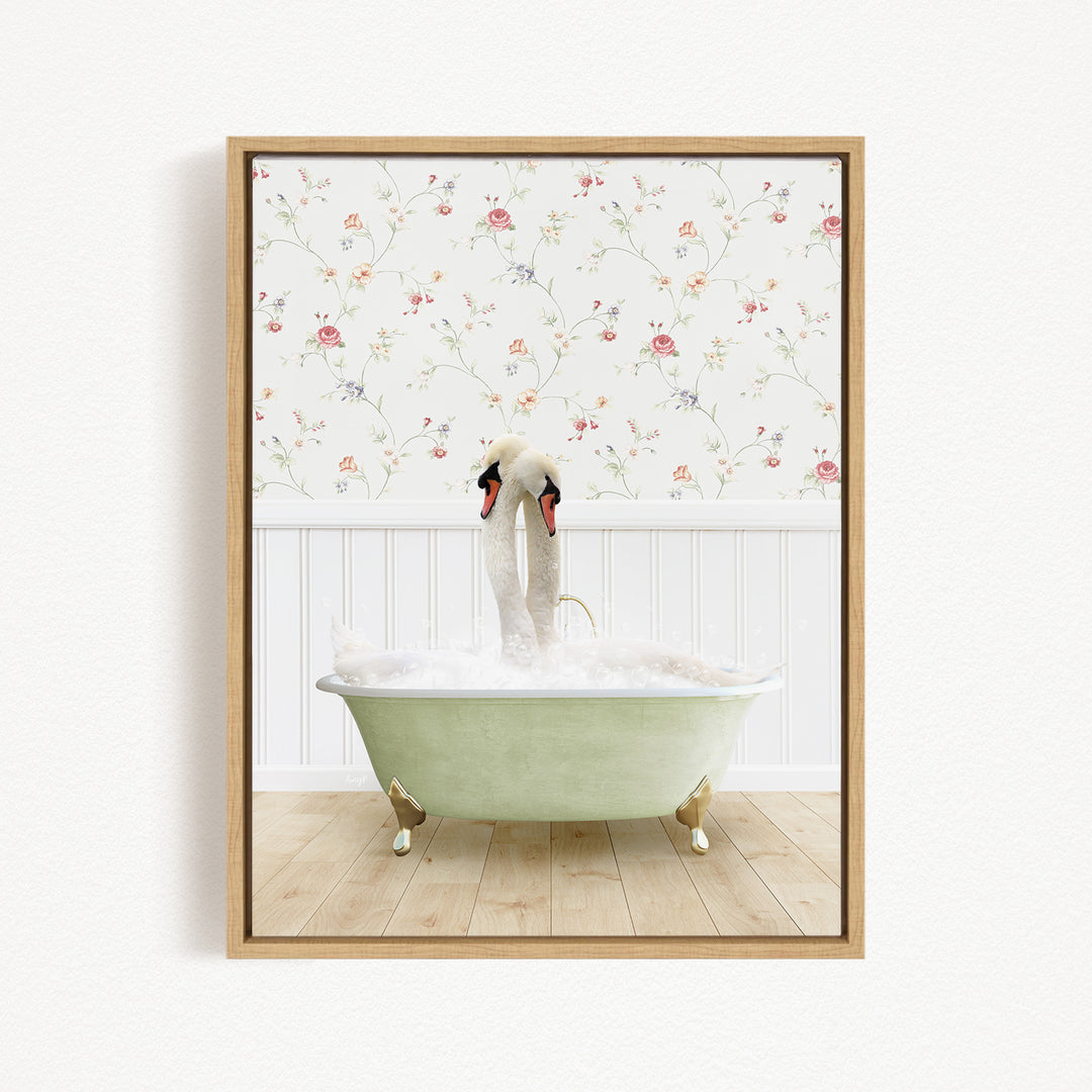 A pair of swans sitting in a green bathtub, with a floral wallpaper in the background.