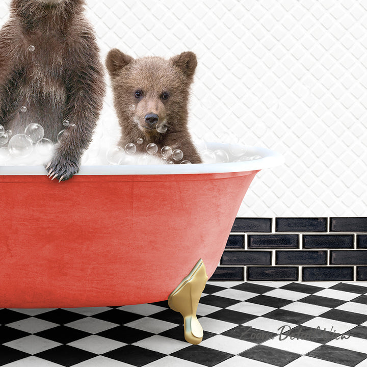 A red bathtub filled with bubbles, with two bears sitting inside, one larger bear and one smaller bear.