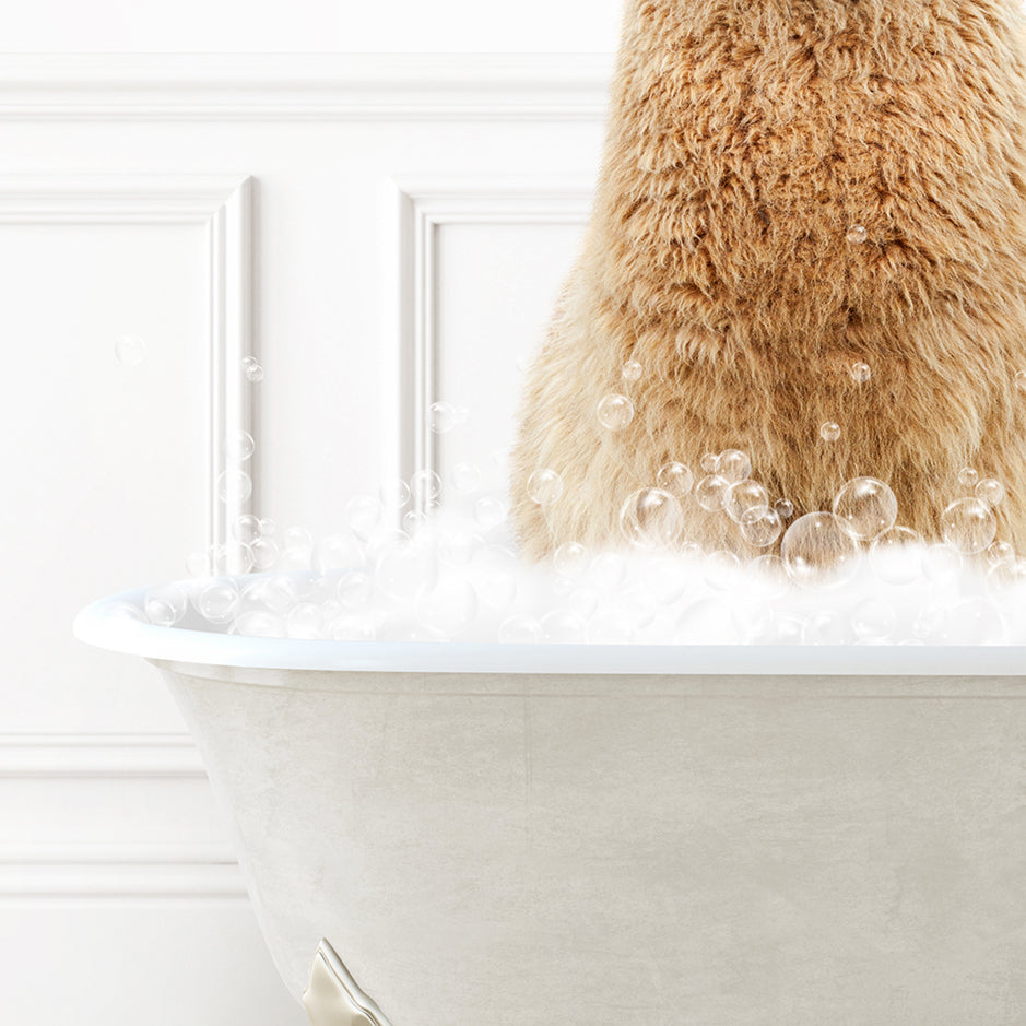 a brown bear sitting in a bathtub filled with bubbles