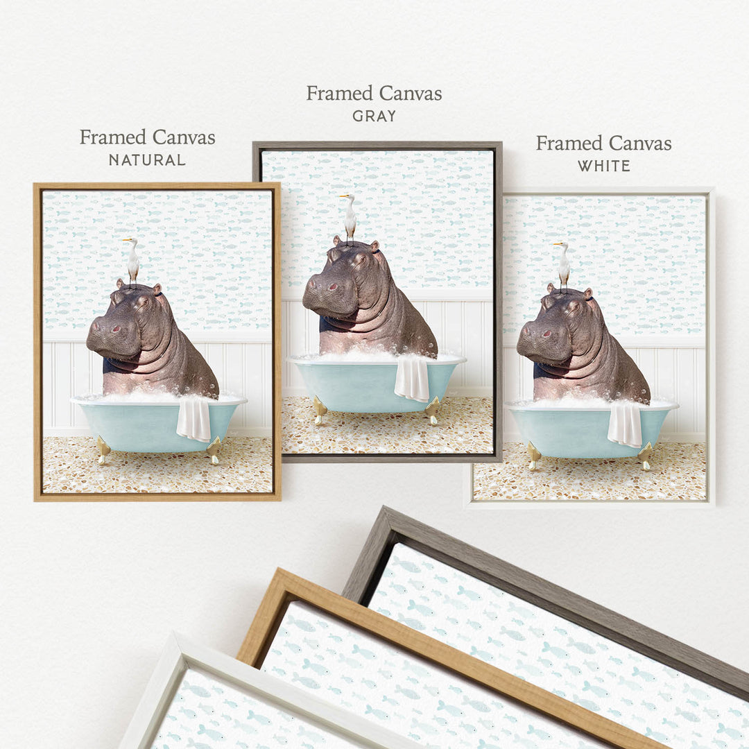 three framed pictures of a hippopotamus sitting in a bathtub, each with a different colored frame.