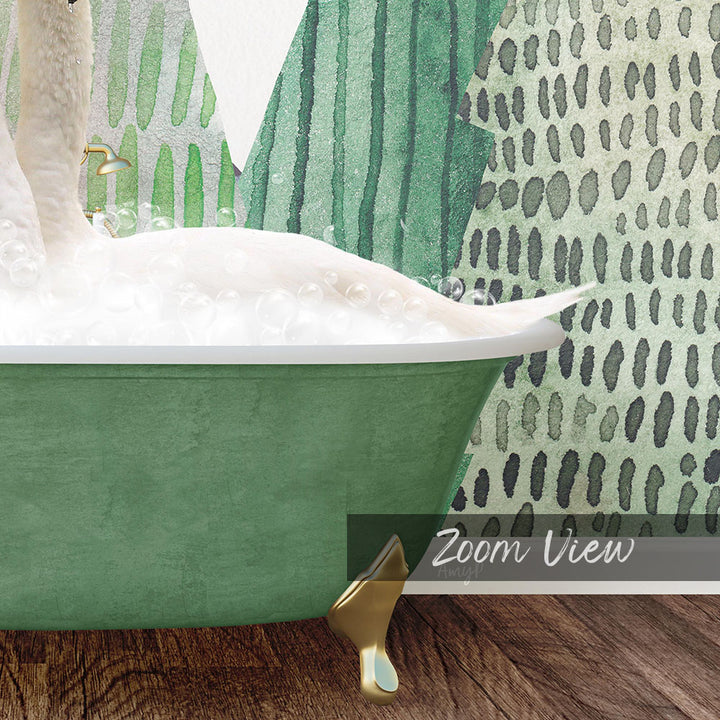 A green bathtub filled with bubbles, with a gold bathtub leg visible, against a patterned green and white background.
