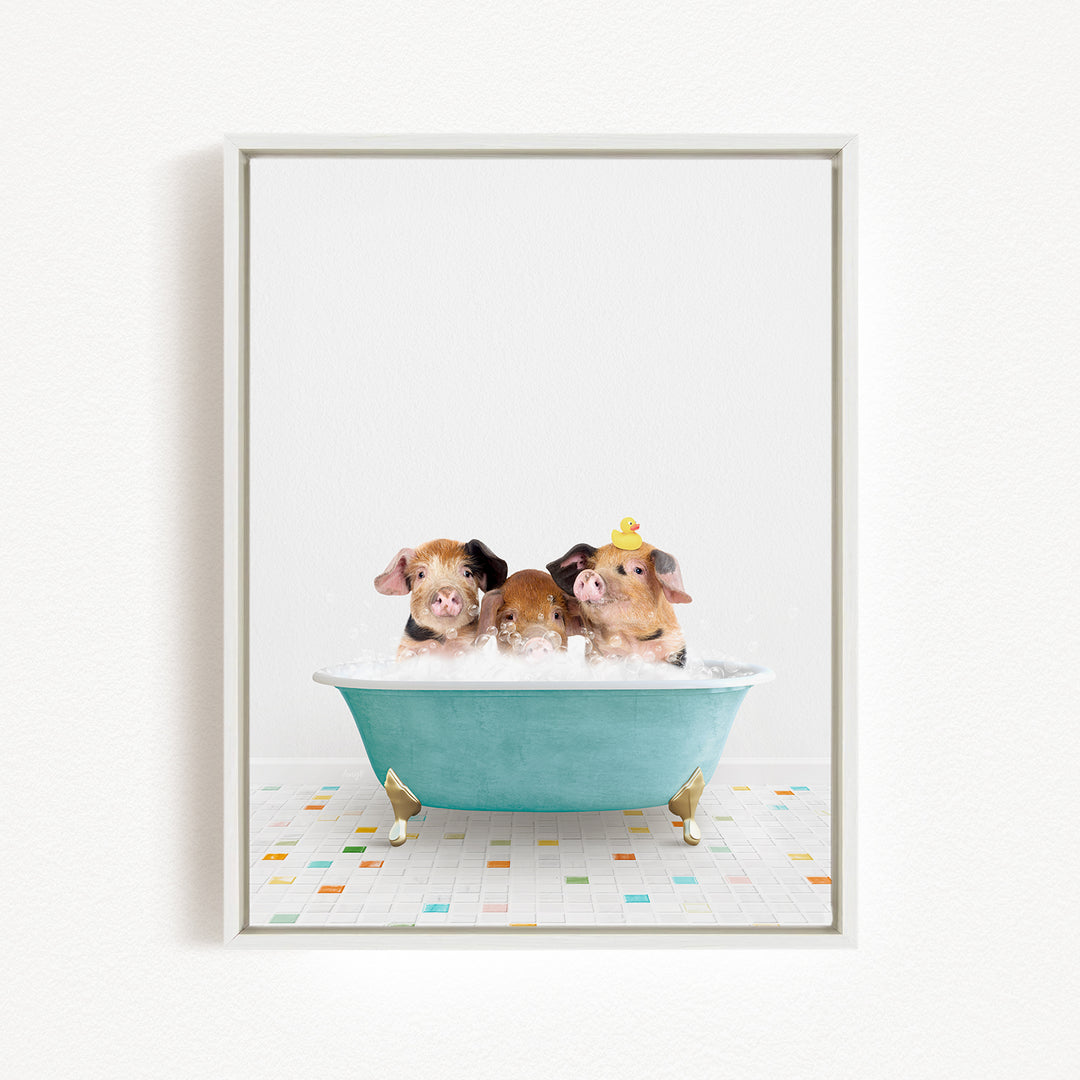 Three adorable pigs sitting in a blue bathtub filled with bubbles, with one of them wearing a yellow hat.