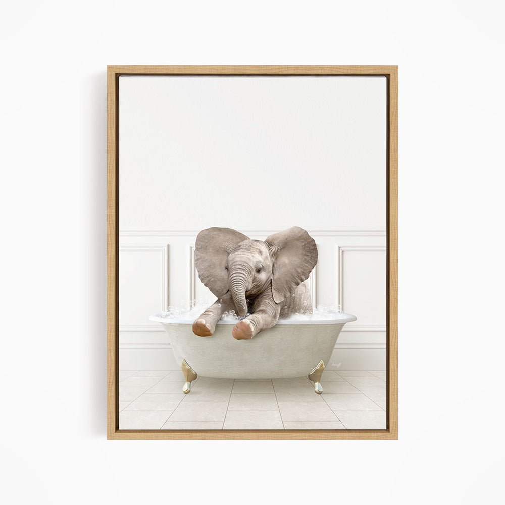 A baby elephant sitting in a bathtub filled with water, surrounded by a white background.