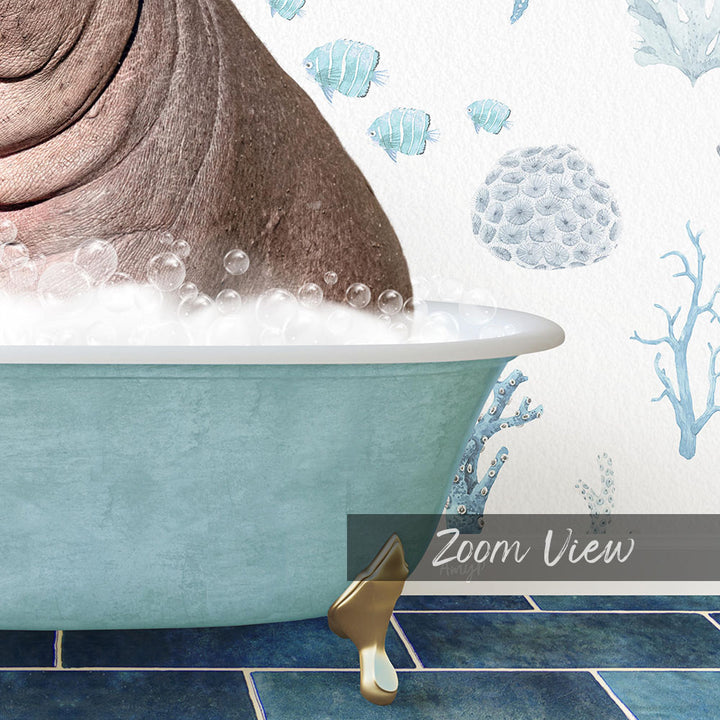 A bathtub filled with bubbles, with a gold bathtub faucet and a gold bathtub leg visible. The background features a blue and white underwater scene with fish and coral.