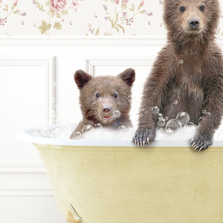 two brown bears are sitting in a bathtub