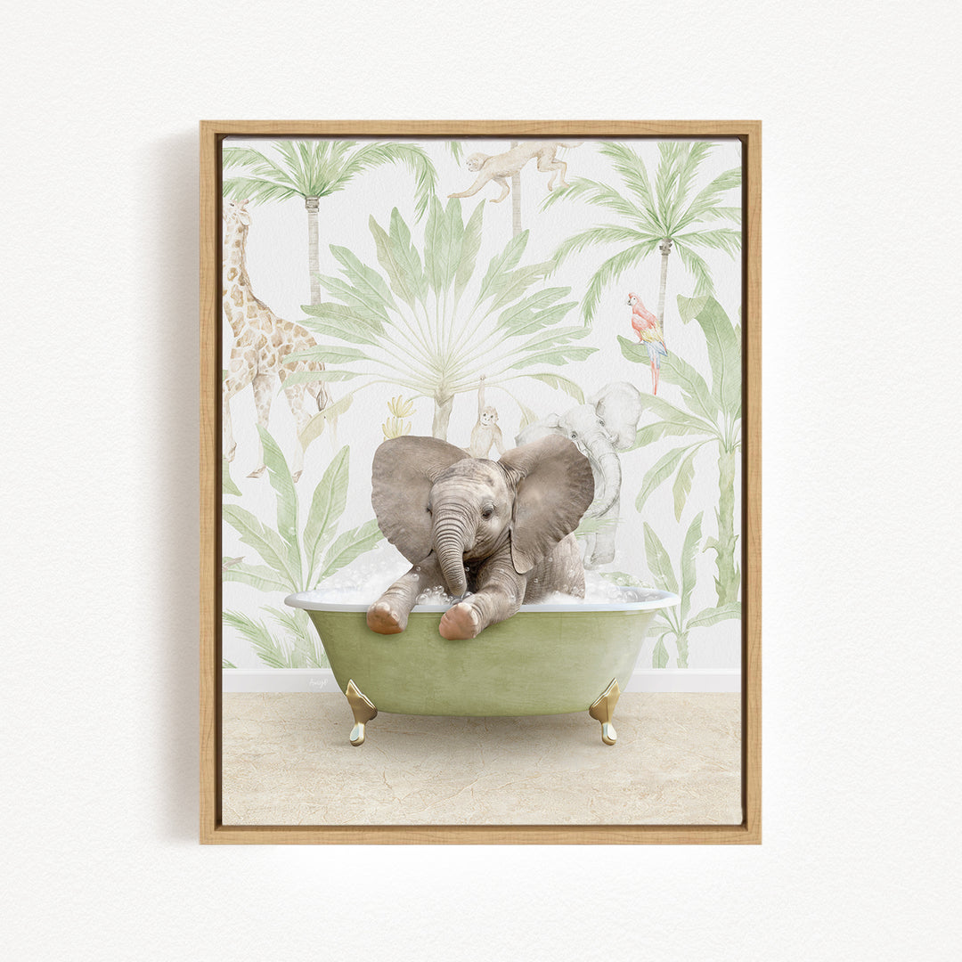 A baby elephant sitting in a green bathtub, surrounded by tropical foliage and animals.