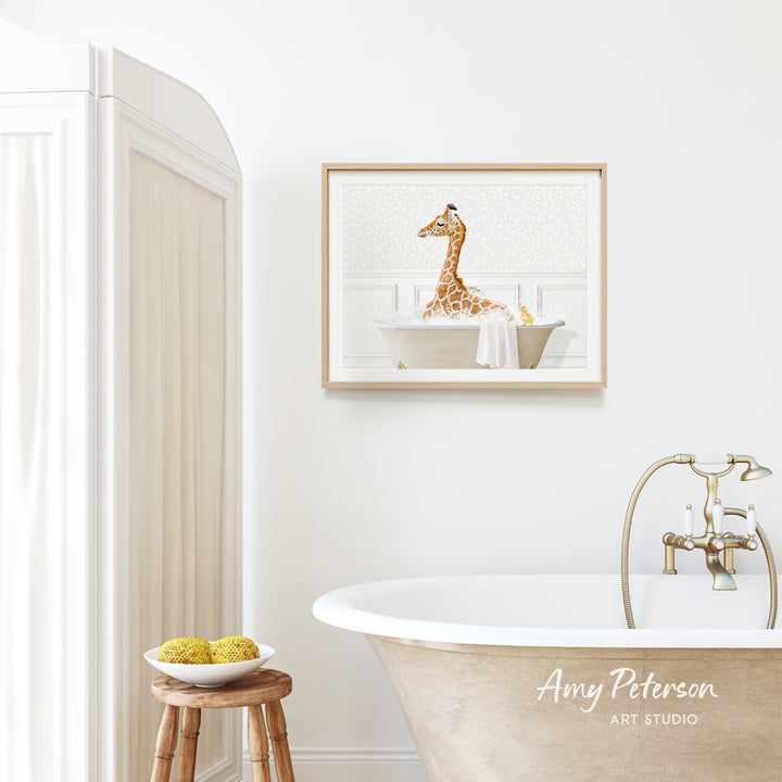 a giraffe sitting in a bathtub, surrounded by a bowl of fruit and a wooden stool.
