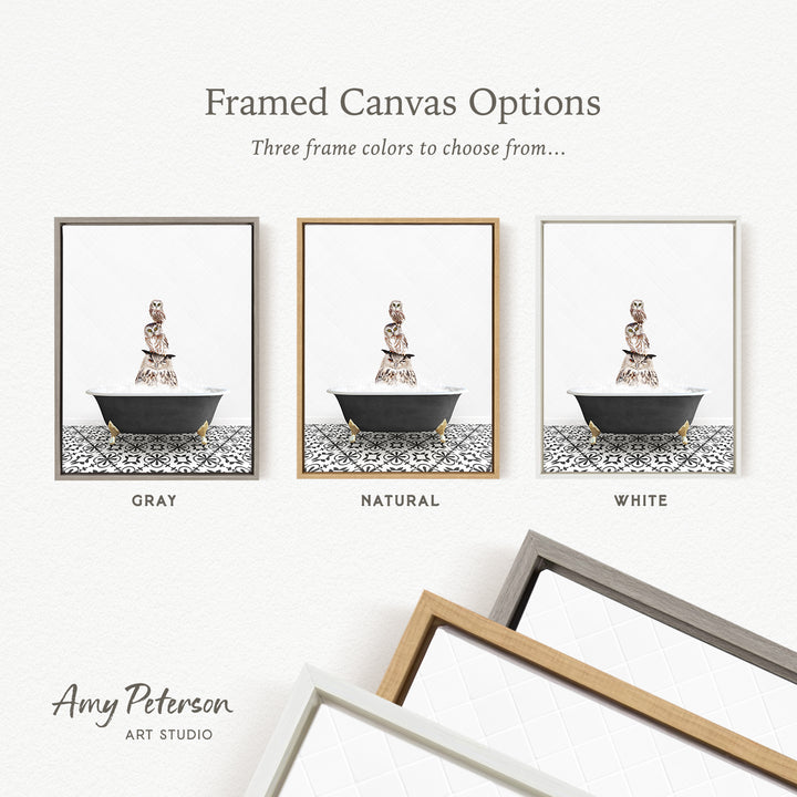 three framed canvas options, each with a different color: gray, natural, and white. The text above the images reads " Framed Canvas Options" and "Three frame colors to choose from...". The bottom of the image includes the text " Amy Peterson ART STUDIO".