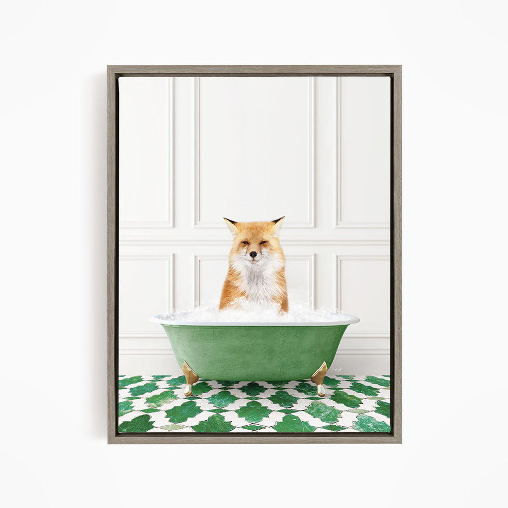 A red fox is sitting in a green bathtub filled with water, with a green and white patterned floor beneath it.