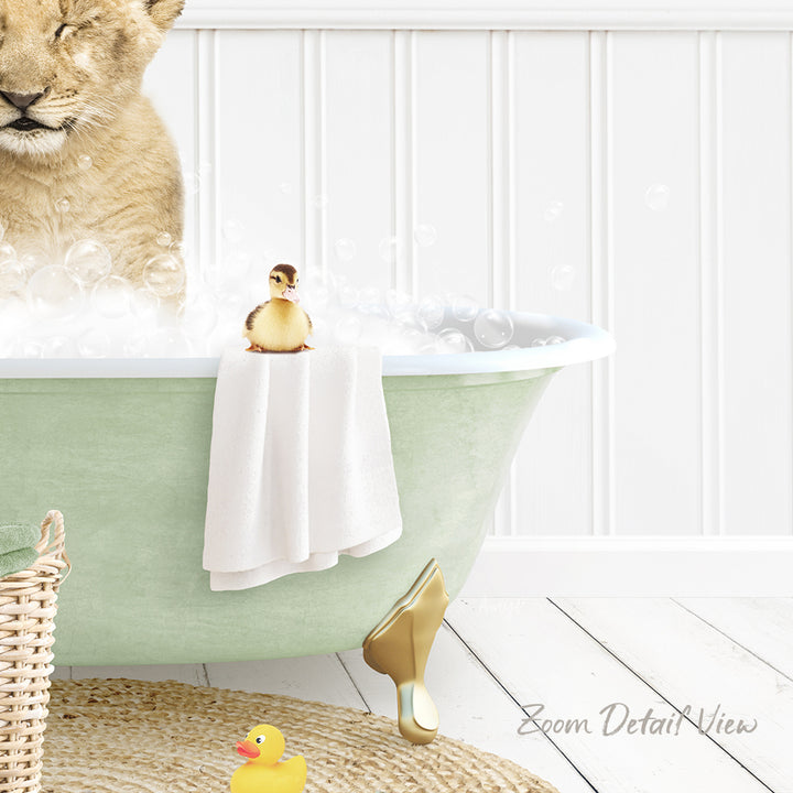 A bathtub filled with bubbles, with a small yellow rubber duck sitting on the edge and a small brown bird perched on the edge of the tub.