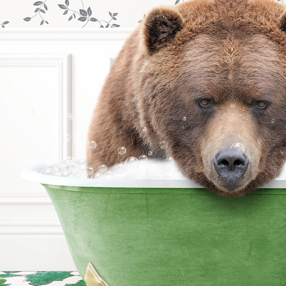 a large brown bear sitting in a bath tub