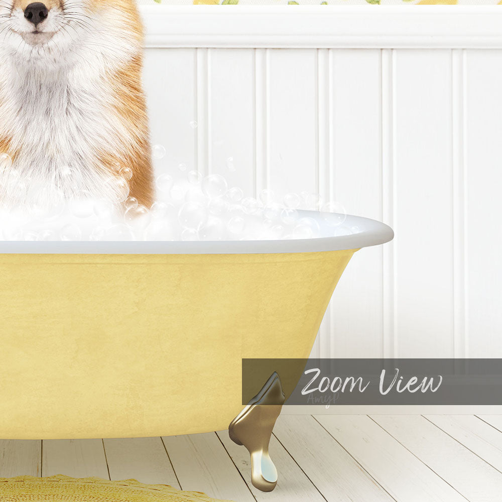 A fluffy dog is sitting in a yellow bathtub filled with bubbles, with a white wall and wooden floor in the background.