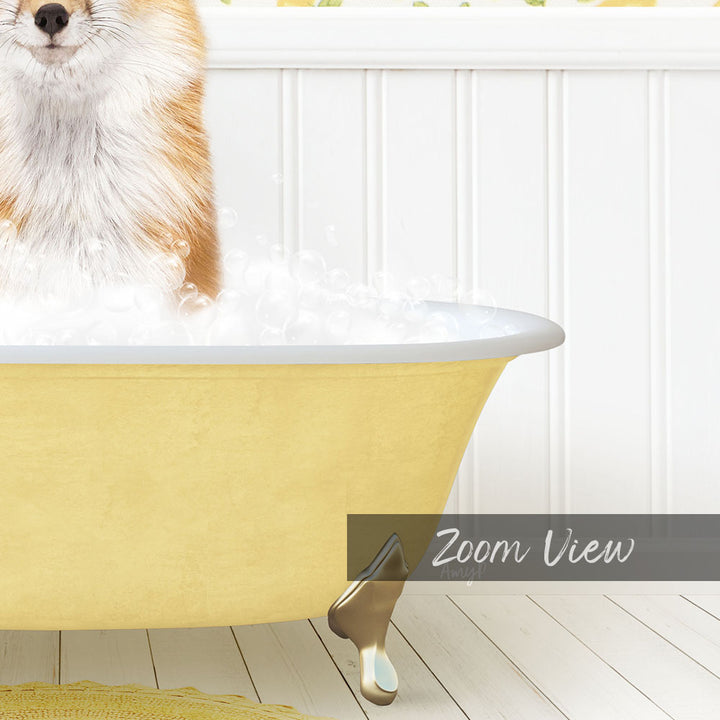A fluffy dog is sitting in a yellow bathtub filled with bubbles, with a white wall and wooden floor in the background.