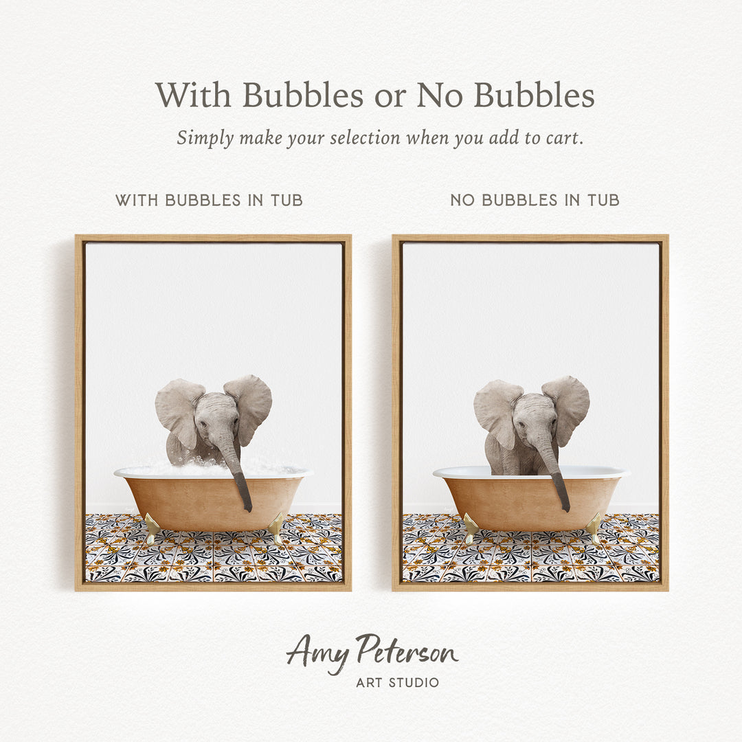 The image is a collage of two framed pictures, each depicting an elephant in a bathtub. The text above the images reads "With Bubbles or No Bubbles" and below the images, it says "Simply make your selection when you add to cart." The artist's name, Amy Peterson, is mentioned at the bottom of the image.