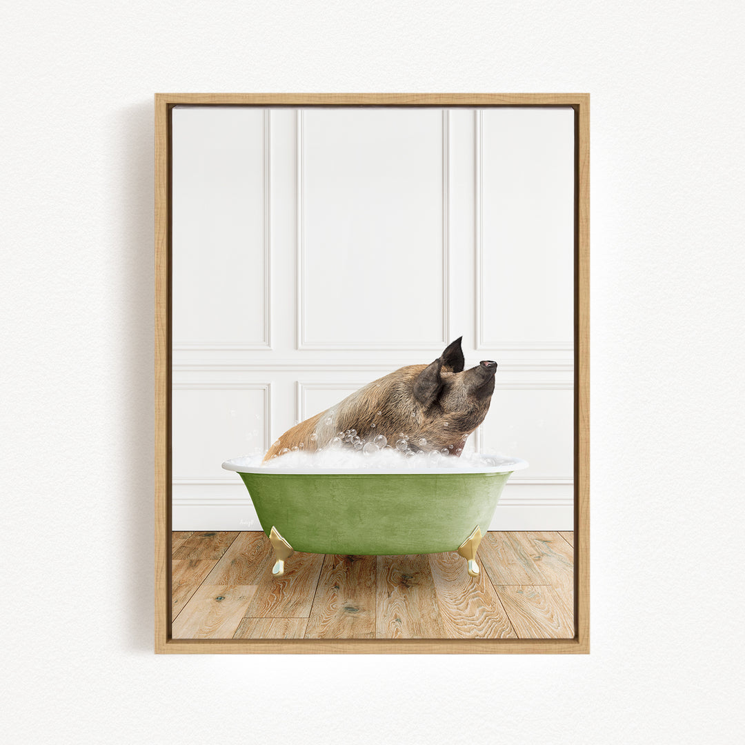 A brown dog is sitting in a green bathtub filled with water, looking up at the camera.