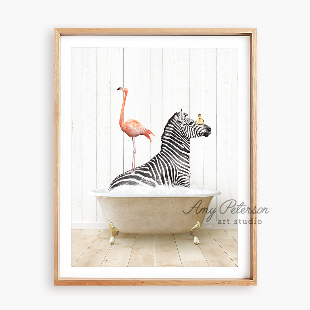 a picture of a zebra and a flamingo in a bathtub