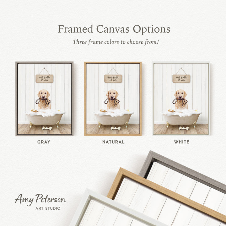 three framed canvas options, each featuring a dog in a bathtub. The options include a gray frame, a natural frame, and a white frame. The text above the images reads " Framed Canvas Options" and "Three frame colors to choose from!"