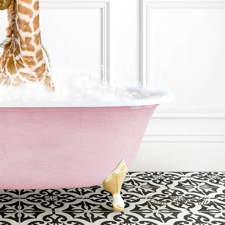 A pink clawfoot bathtub filled with bubbles, with a giraffe standing on the edge of the tub.