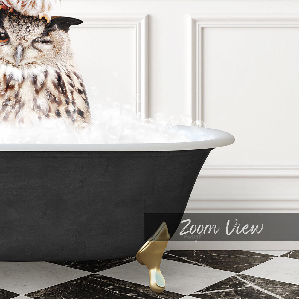 A close-up of an owl sitting in a bathtub filled with bubbles, with a black and white checkered floor and a text overlay that reads "Zoom View".