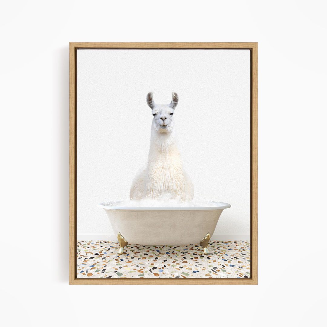 A white llama sitting in a white bathtub filled with water, creating a whimsical and playful scene.