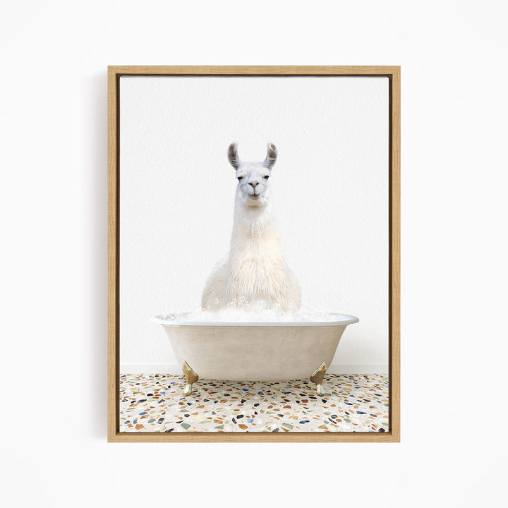 A white llama sitting in a white bathtub filled with water, creating a whimsical and playful scene.