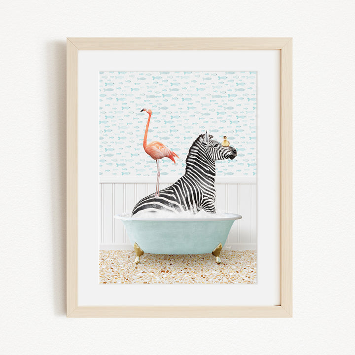 A zebra is sitting in a bathtub filled with bubbles, with a flamingo standing on one leg and a bird perched on the zebra's head.